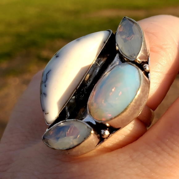 New Dendritic Opal and Milky Fire Opal 925 Silver Ring. - Picture 3 of 16